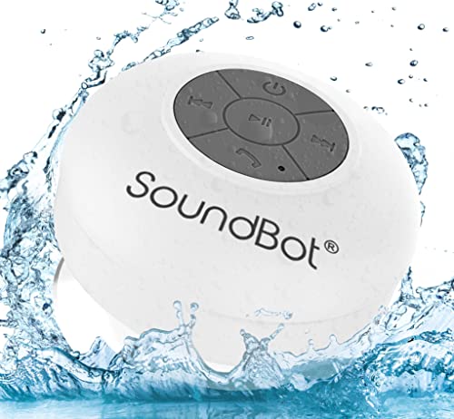 SoundBot SB510 HD Water Resistant Bluetooth Shower Speaker, Handsfree Portable Speakerphone with Built-in Mic, 6hrs of Playtime, Control Buttons and Dedicated Suction Cup for Showers (White)